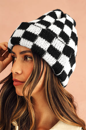 Racing Red Two Tone Checkered Folded Eaveless Beanie Cap