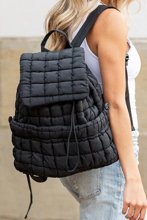 Black Solid Flapped Quilted Puffer Backpack