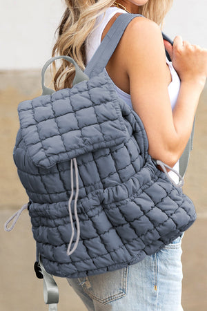 Black Solid Flapped Quilted Puffer Backpack