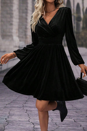 Black Velvet Long Sleeve Surplice High Waist Mini Dress