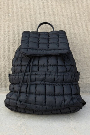 Black Solid Flapped Quilted Puffer Backpack