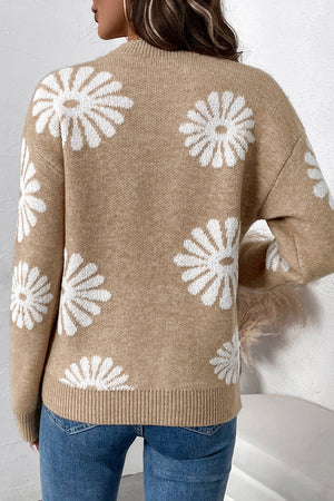 Pale Khaki Floral Print Round Neck Sweater