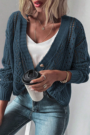 Black Hollow Knit Drop Shoulder Cardigan