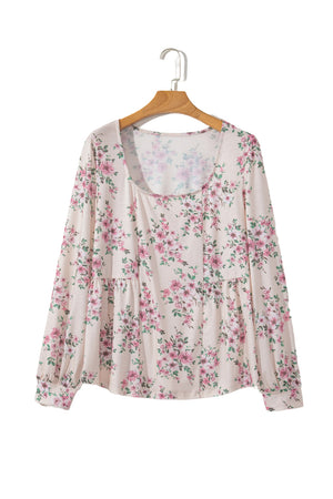 Pink Floral Print Pleated U Neck Loose Fit Blouse