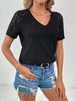 Lace Detail V-Neck Short Sleeve T-Shirt