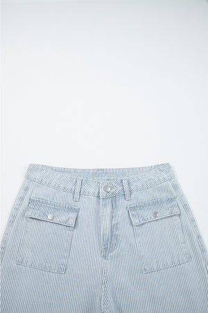 Sky Blue Striped Button Flap Pocket Cuffed Hem Wide Leg Jeans
