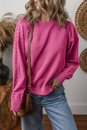 Bright Pink Eyelet Embroidered Sleeve Patchwork Ribbed Sweatshirt