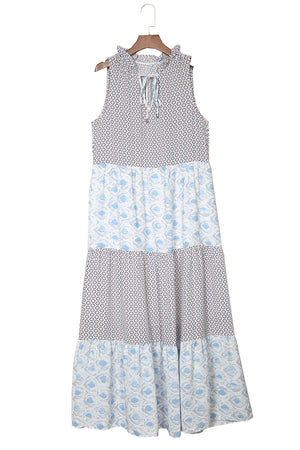 Light Blue Patchwork Sleeveless V Neck Summer Tiered Dress