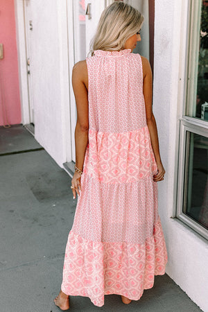 Light Blue Patchwork Sleeveless V Neck Summer Tiered Dress