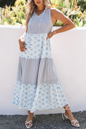 Light Blue Patchwork Sleeveless V Neck Summer Tiered Dress