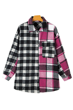 Black Plaid Colorblock Loose Flat Pocket Shacket