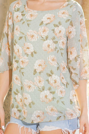 Swiss Dot Floral Print Split Sleeve Blouse