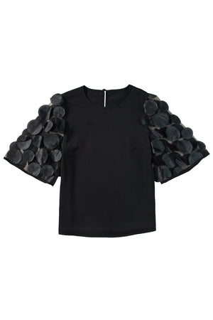 Black Applique Mesh Keyhole Back Splicing Sleeve Blouse