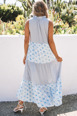 Light Blue Patchwork Sleeveless V Neck Summer Tiered Dress