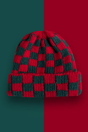 Racing Red Two Tone Checkered Folded Eaveless Beanie Cap