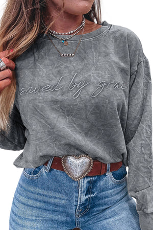 Real Teal saved by grace Letter Embroidery Mineral Wash Loose Sweatshirt