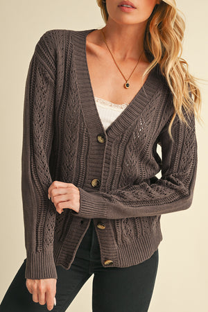 Black Hollow Knit Drop Shoulder Cardigan