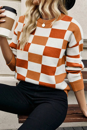 Checkered Ribbed Edge O Neck Drop Shoulder Sweater