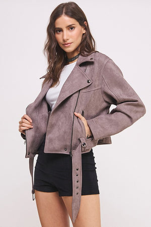 BELTED LONG SLEEVE ZIPPERED SUEDE MOTO JACKET