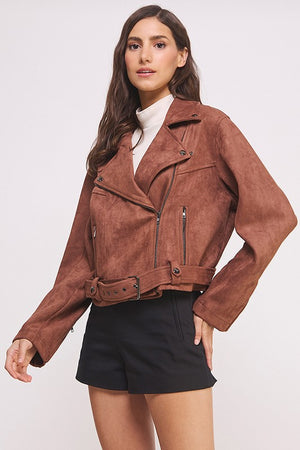 BELTED LONG SLEEVE ZIPPERED SUEDE MOTO JACKET