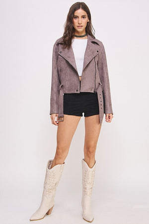 BELTED LONG SLEEVE ZIPPERED SUEDE MOTO JACKET