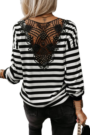 Black Stripe Crochet Hollow-out Back Buttoned Decor V Neck Top