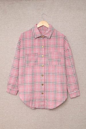 Pink Plaid Casual Button Up Shirt Shacket with Slits