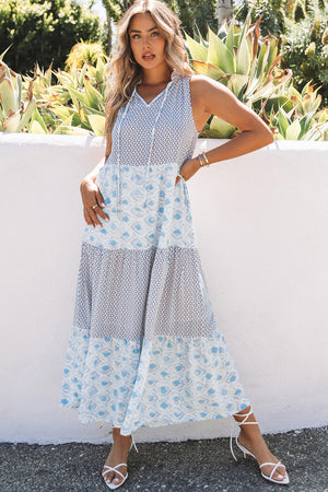 Light Blue Patchwork Sleeveless V Neck Summer Tiered Dress