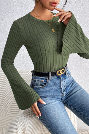 Vineyard Green Plain Ribbed Bell Sleeve Top