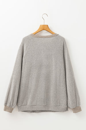 Light Grey Contrast Ribbed Loose Fit Henley Top