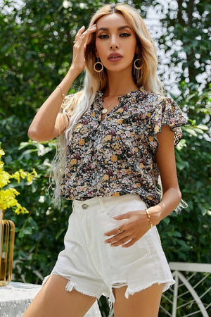 Floral Notched Flutter Sleeve Top