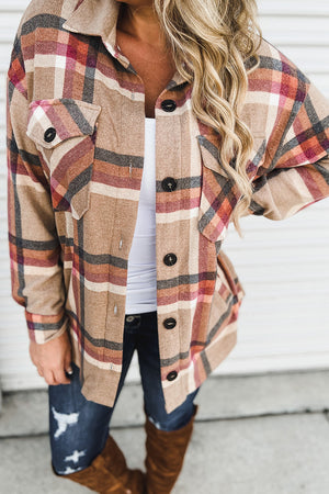 Khaki Plaid Casual Pockets Buttoned Shacket