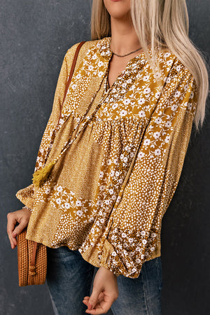 Patchwork Tassel Balloon Sleeve Blouse