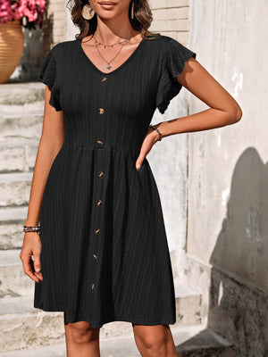 Decorative Button Ruffled V-Neck Dress