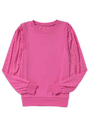 Bright Pink Eyelet Embroidered Sleeve Patchwork Ribbed Sweatshirt