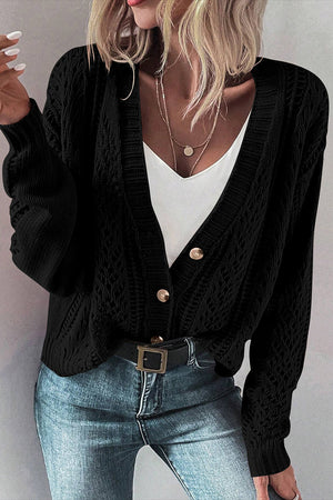 Black Hollow Knit Drop Shoulder Cardigan