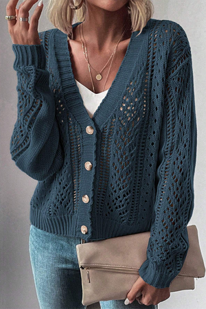 Black Hollow Knit Drop Shoulder Cardigan