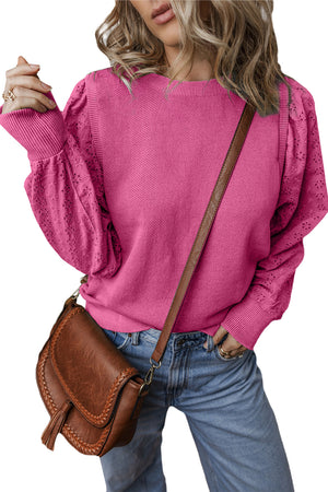 Bright Pink Eyelet Embroidered Sleeve Patchwork Ribbed Sweatshirt