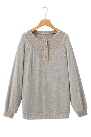 Light Grey Contrast Ribbed Loose Fit Henley Top