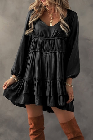 Mist Green Puff Sleeve Loose Fit Tiered Ruffle Mini Dress