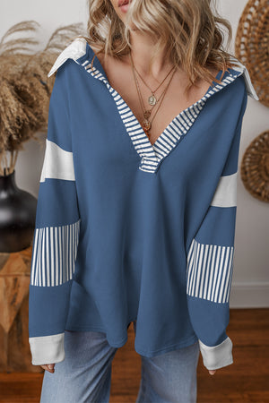 Pale Chestnut Striped Patchwork Collar Sweatshirt