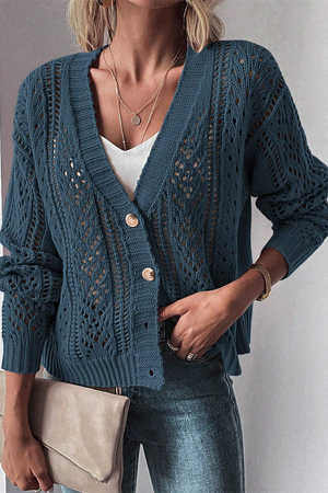 Black Hollow Knit Drop Shoulder Cardigan