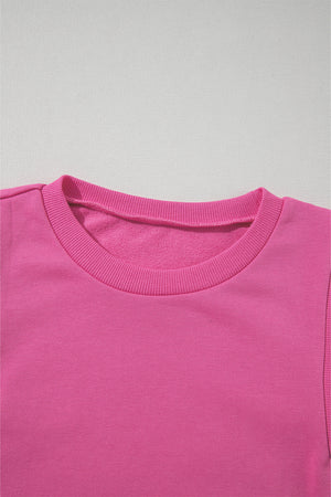 Bright Pink Eyelet Embroidered Sleeve Patchwork Ribbed Sweatshirt