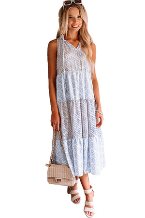 Light Blue Patchwork Sleeveless V Neck Summer Tiered Dress