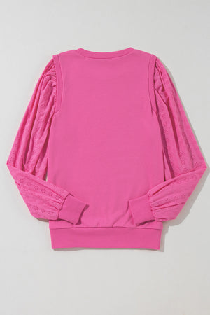 Bright Pink Eyelet Embroidered Sleeve Patchwork Ribbed Sweatshirt