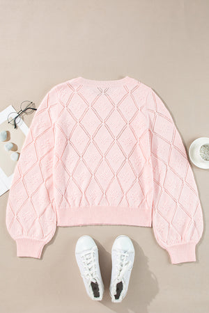 Gossamer Pink Openwork Plaid Puff Sleeve Cropped Sweater