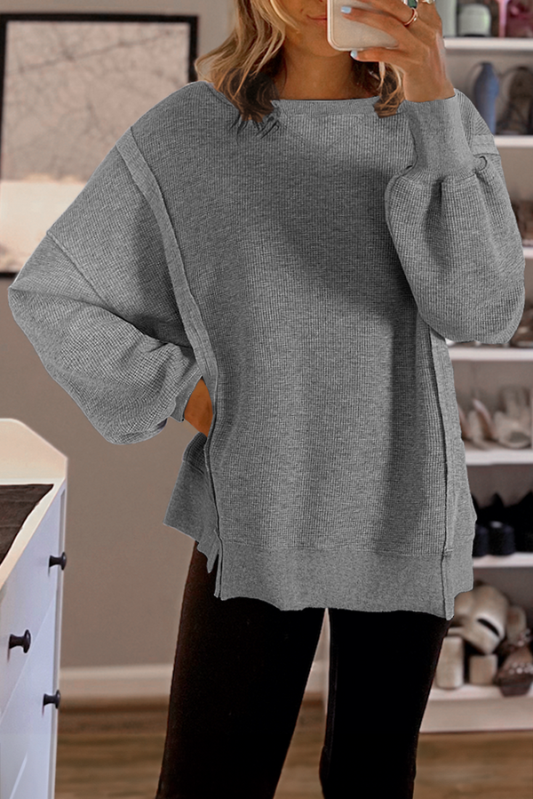 Gray Knit Bishop Sleeve Split Oversized Sweatshirt