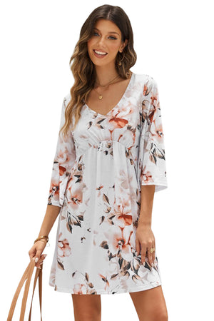 White Floral Print V Neck Flutter Half Sleeve Empire Waist Dress