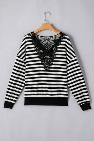 Black Stripe Crochet Hollow-out Back Buttoned Decor V Neck Top