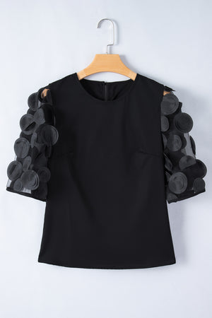 Black Applique Mesh Keyhole Back Splicing Sleeve Blouse